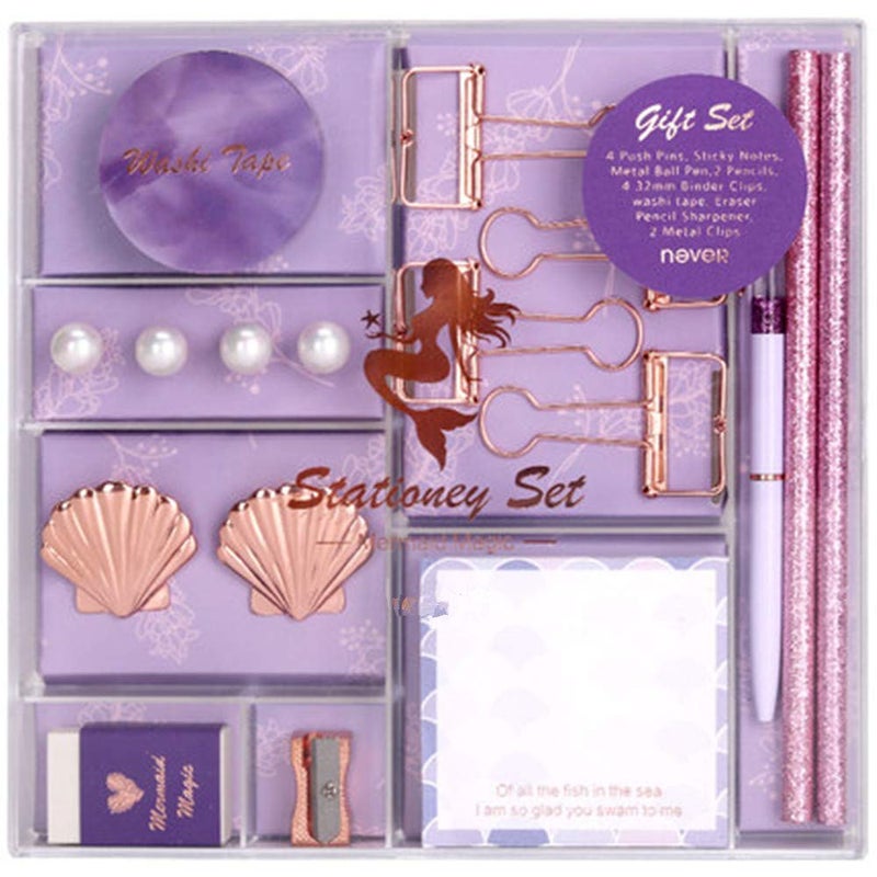 MultiBey Cute Stationery Set Ballpoint Pen Pencils Washi Tape Eraser Pearl Push Pins Sticky Note Pads Rose Gold Binder Clips Purple Mermaid Office School Desk Supplies Kit Gift for Women - Image 1